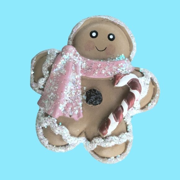 Gingerbread Man Pin Cookie Brooch Holiday Candy Cane Christmas Glitter Jewelry - Picture 1 of 3